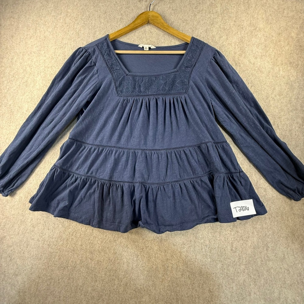 Lucky Brand Blue Tiered Peasant Top Embroidered Square Neck Long Sleeve Medium